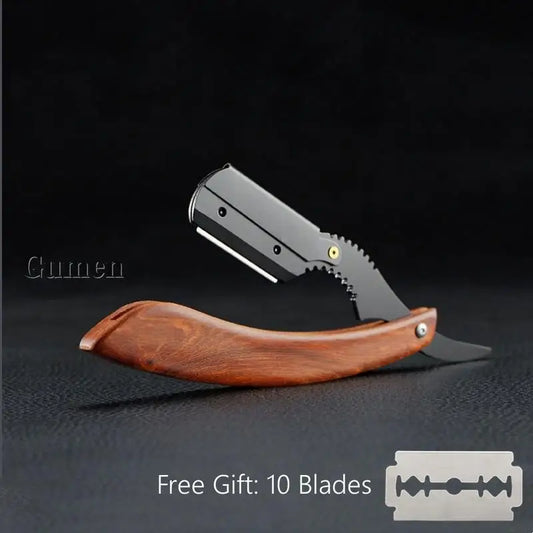 Men's Replaceable Blade Razor With 10pcs Blades Kit Manual Folding Beard Shaving Razor Wooden Handle Barber Shaver Haircut Set