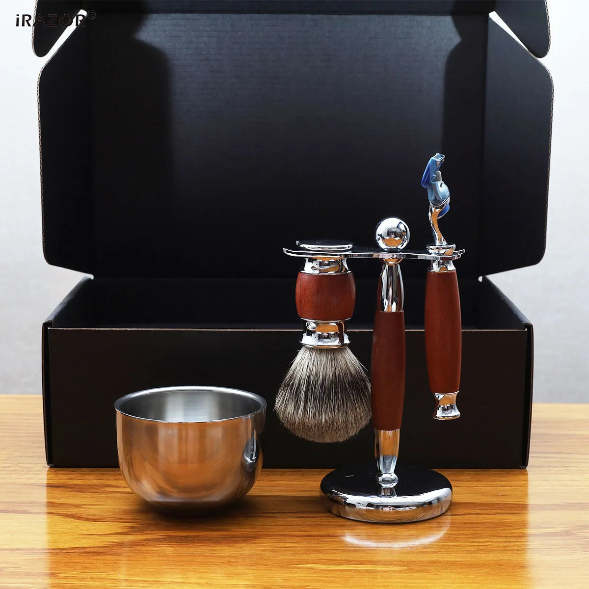 iRAZOR Luxury 5-Blade Fusion Safety Razor Shaving Kit Natural Rose Wood Handles Silver Tip Cleaning Badger Hair Grooming Tools