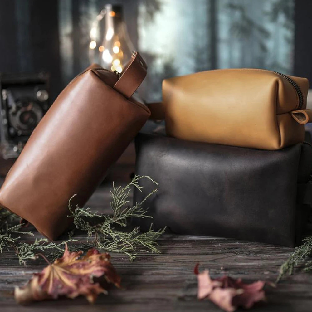 Waterproof Vintage Men Leather Toiletry Bag Travel Wash Case Pouch Shaving Kit Bathroom PU Makeup Organizer Wmen Cosmetic Bag