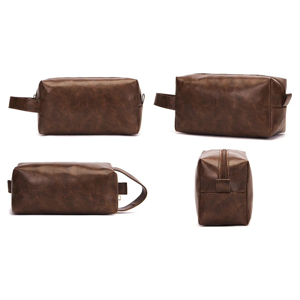 Waterproof Vintage Men Leather Toiletry Bag Travel Wash Case Pouch Shaving Kit Bathroom PU Makeup Organizer Wmen Cosmetic Bag