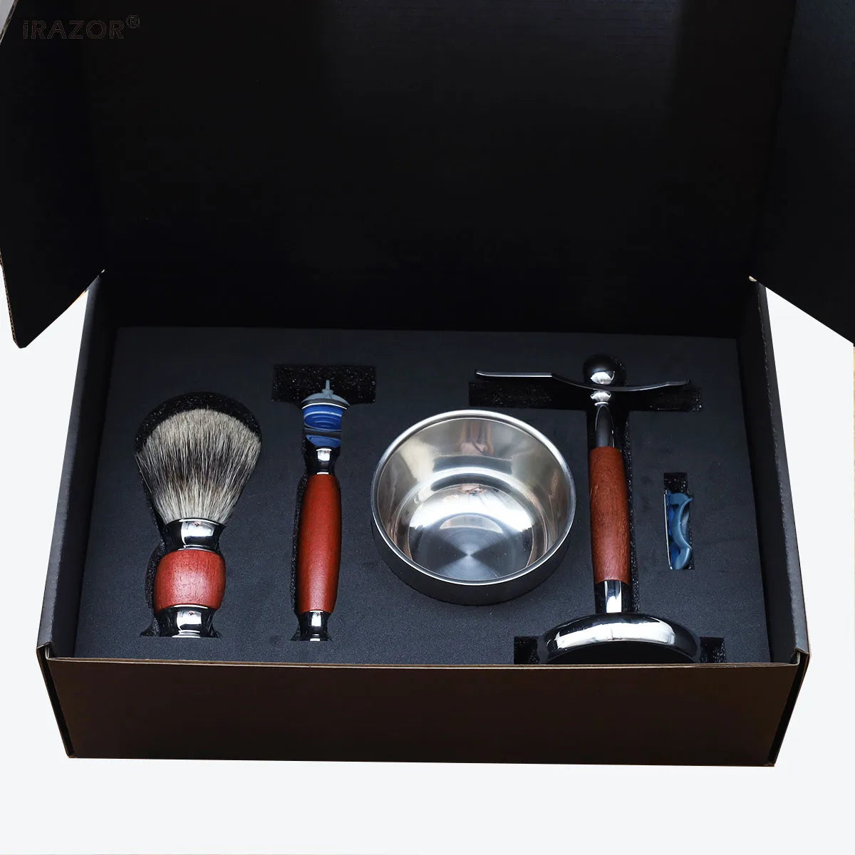 iRAZOR Luxury 5-Blade Fusion Safety Razor Shaving Kit Natural Rose Wood Handles Silver Tip Cleaning Badger Hair Grooming Tools