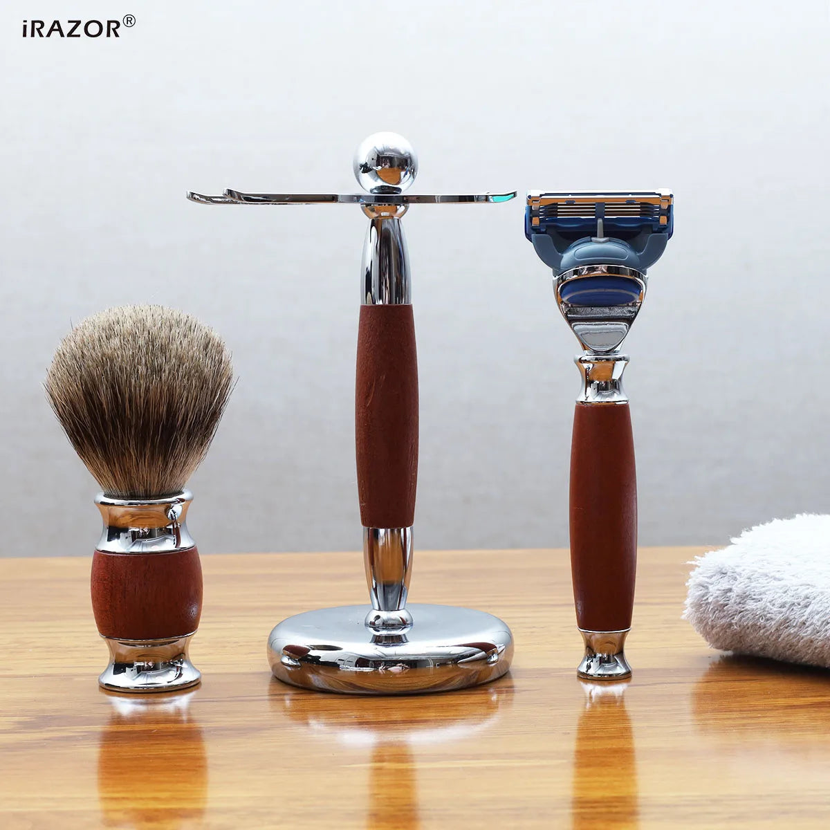 iRAZOR Luxury 5-Blade Fusion Safety Razor Shaving Kit Natural Rose Wood Handles Silver Tip Cleaning Badger Hair Grooming Tools