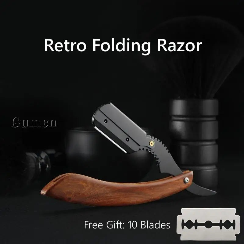 Men's Replaceable Blade Razor With 10pcs Blades Kit Manual Folding Beard Shaving Razor Wooden Handle Barber Shaver Haircut Set