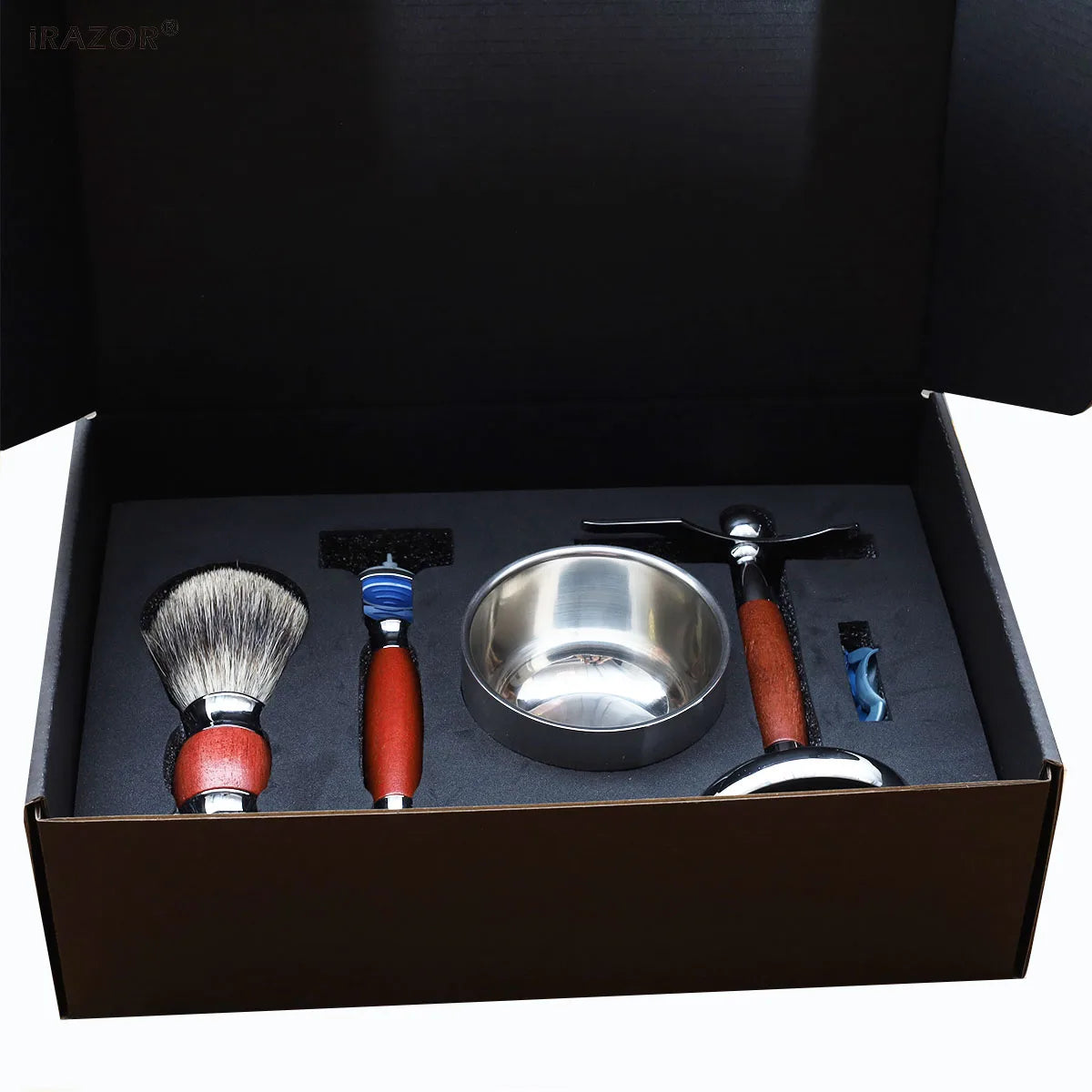 iRAZOR Luxury 5-Blade Fusion Safety Razor Shaving Kit Natural Rose Wood Handles Silver Tip Cleaning Badger Hair Grooming Tools
